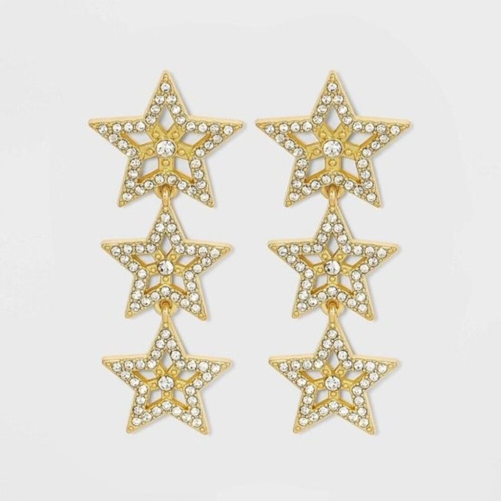 SUGARFIX BaubleBar Stacked Star Drop Earrings Metallic Gold Rhinestone - Picture 1 of 2